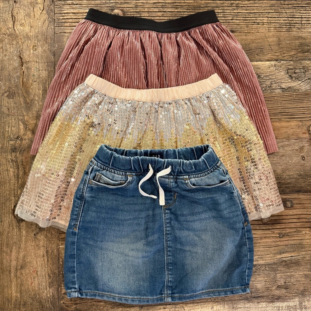 Size 6 Mini Skirt Bundle - Metallic Rose, Gold Sequin, & Denim